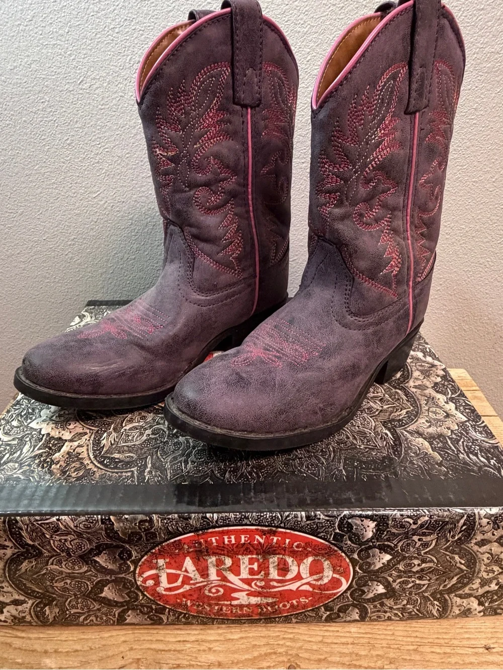 Laredo kids Purple Suede Lace-Up Western Boots with Pink Trim